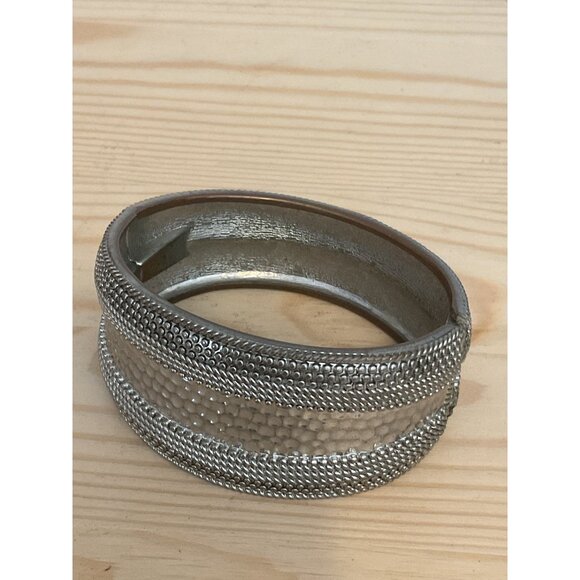 Wide Silver Metal Textured Bangle Bracelet Unique Hammered Braided Design - Picture 5 of 6